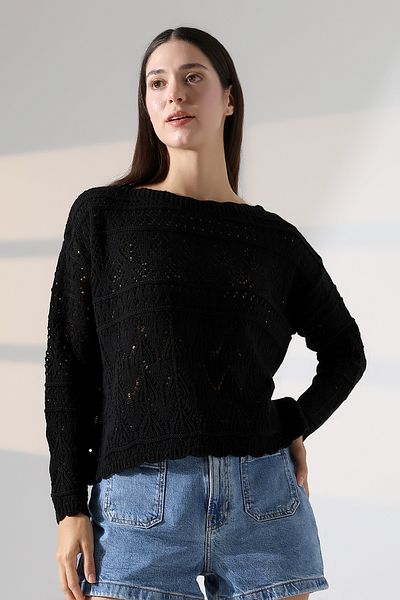 ALCHON Caiac cu guler ondulat lat, mâneci lungi, ajurat, scobit, model de flori, tricotaj de primăvară, pulover