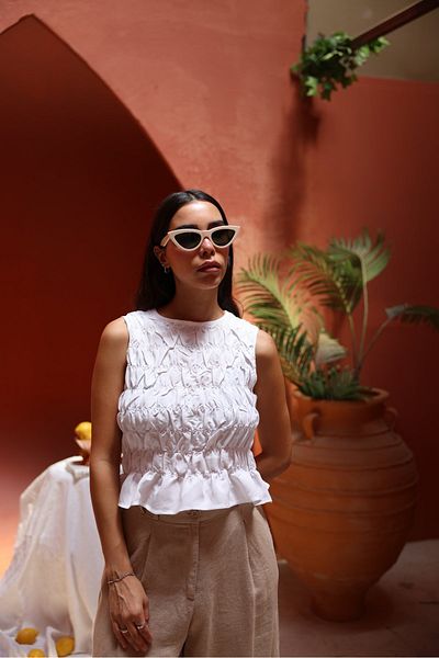 Özge Özgenç Sleeveless Stitched and Crocheted Blouse