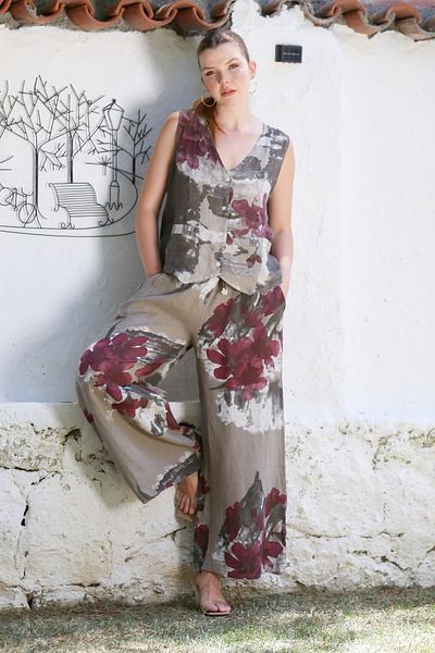 Chiccy Italian Mink V-Neck Sleeveless Patterned Buttoned Pocket Linen Woven Bottom Top Set 58-121 56-86