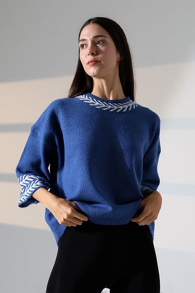 ALCHON Gât rotund, cu mâneci jumate 3/4, cu model, panou jacquard, lejer, confortabil, de bază, elegant, elegant, tricotaj, pulover