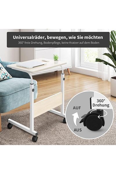 Lumely Laptop Table Desk,Removable Adjustable with wheels,Perfect for Bed Sofa,60x40x90cm,White Maple