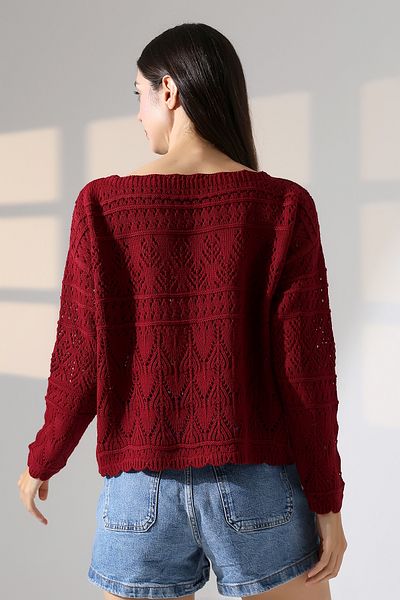 ALCHON Kayak Wide Wave Collar Long Sleeve Openwork Hollowed Out Walked Flower Pattern Spring Knitwear Sweater