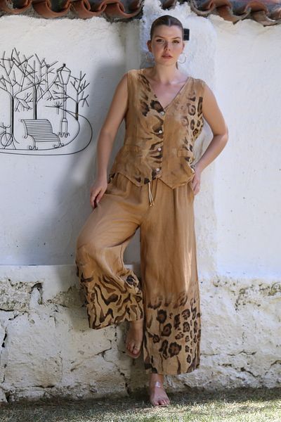 Chiccy Italian Dark Beige V-Neck Sleeveless Patterned Buttoned Pocket Linen Woven Bottom Top Set 58-117 56-82