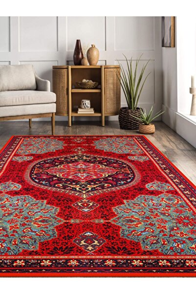rugseason Kırmızı - mavi etnik göbekli eskitme model dokuma taban kilim