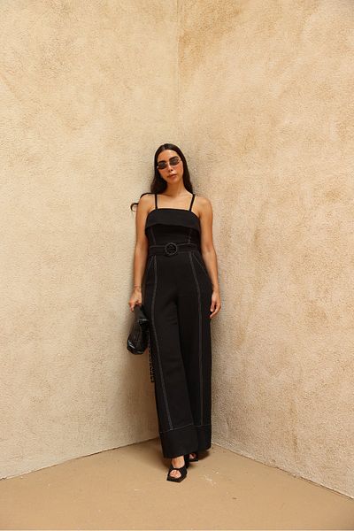 Özge Özgenç Wide Leg Belted Jumpsuit with Stitching Detail