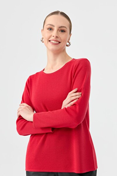 Desen Triko Women's O-Neck Long Sleeve Basic Wool Blouse A.Red