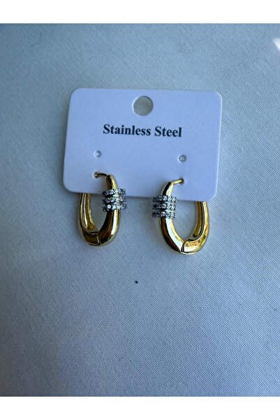 VioletTR Gold Oval Bombeli Zirkon Taş Tasarım Küpe