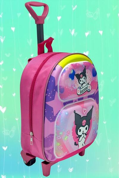 Uniquerrs 2-6 Yaş Anaokulu Kreş Sanrio Kuromi Model Çekçekli Tekerli 3D Baskılı Sırt Çantası ve Okul Çantası