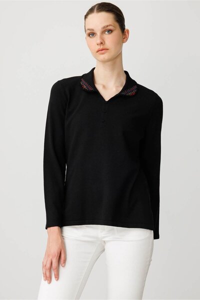 Desen Triko Women's Polo Neck Lycra Cotton Blouse Black