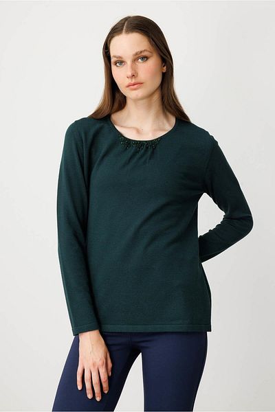 Desen Triko Women's O-Neck Lace Flower Embroidered League Blouse Green