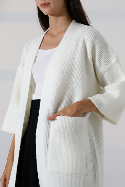 ALCHON Cardigan de iarnă din tricotat din trișă cu decolteu în V, cu buzunare duble, cu mâneci 3/4, lungime midi