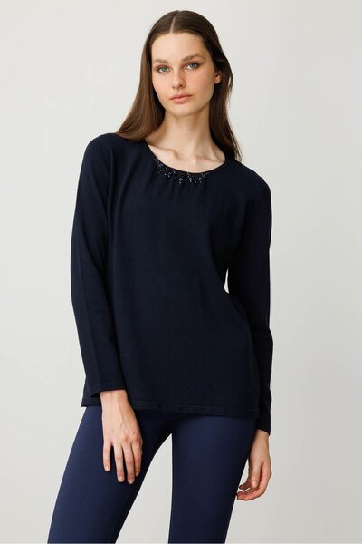 Desen Triko Women's O-Neck Lace Flower Embroidered Ligral Blouse K.Navy Blue