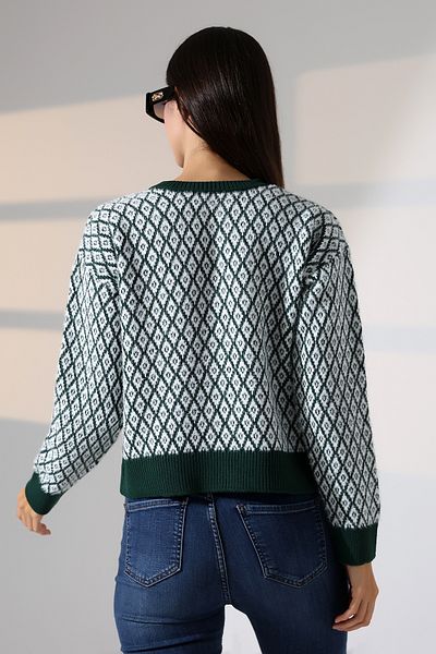 ALCHON Round Neck Long Sleeve Buttoned Diamond Jacquard Patterned Furry Soft Textured Knitwear Cardigan