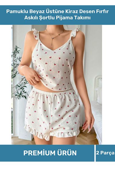 VARESSA Special Series Design Model 100% Cotton White Cherry Patterned Strap Shorts Pajama Set