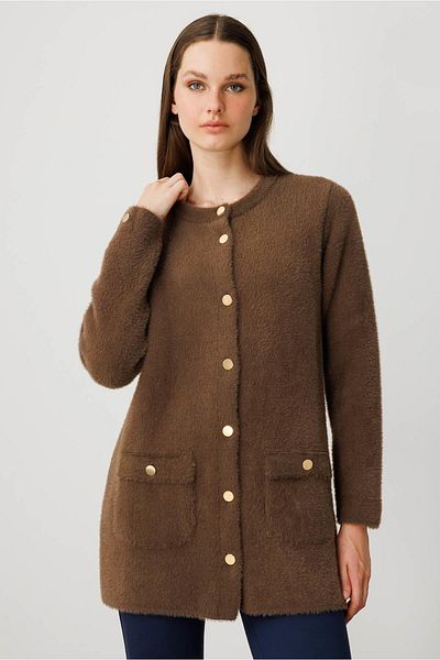 Desen Triko Women's Crew Neck Metal Button Araboy Aphrodite Knitwear Jacket Brown