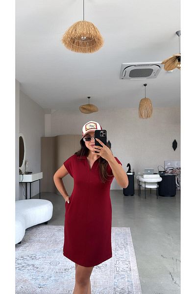 Buket Teke Burgundy Polo Neck Striped Dress