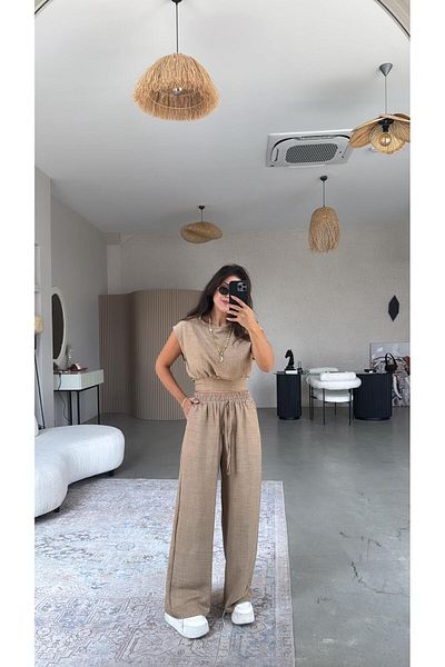 Buket Teke Camel Belt Detailed Trousers Blouse Set