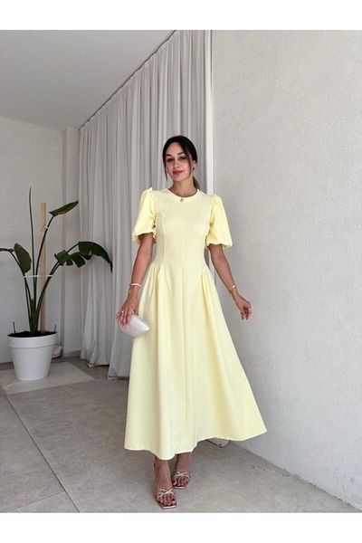 LOCH BUTİK Women's Yellow Back Tie Waist Drawstring Atlas Midi Dress