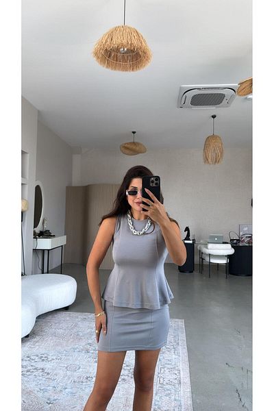 Buket Teke Gray Modal Mini Skirt Blouse Set