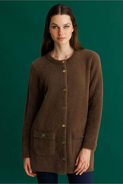 Desen Triko Women's Crew Neck Metal Button Araboy Aphrodite Knitwear Jacket Brown
