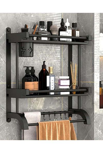 Saharaz 2 Tier Bathroom Shelf,with Towel Bars, Brush Holder,Cup Holder,for Bathroom, Kitchen,60CM