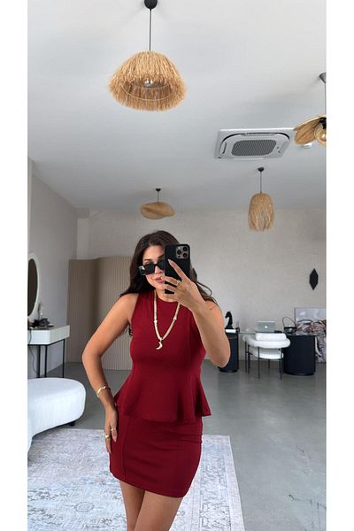 Buket Teke Burgundy Modal Mini Skirt Blouse Set
