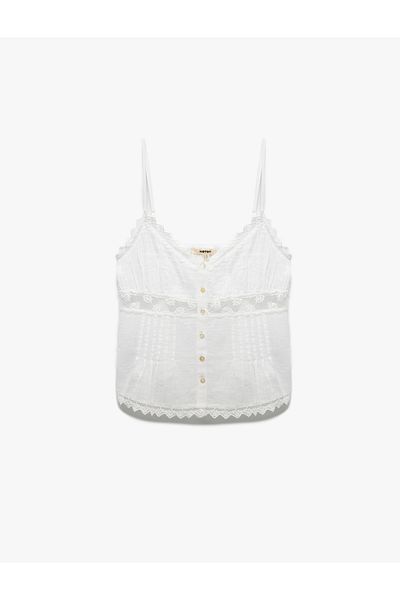 Koton Cotton Lace Detailed V-Neck Strap Muslin Blouse