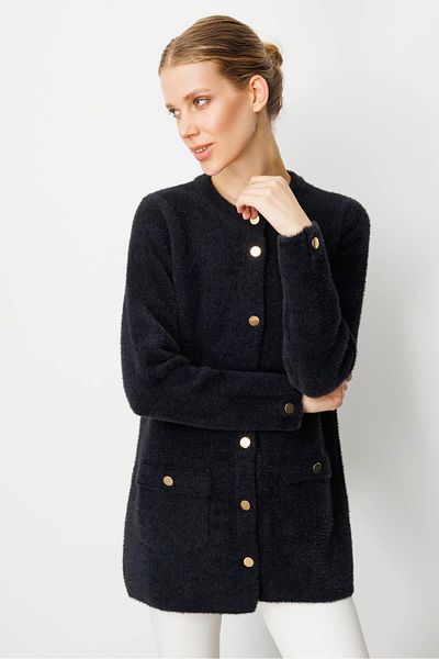 Desen Triko Women's Crew Neck Metal Button Araboy Aphrodite Knitwear Jacket Black