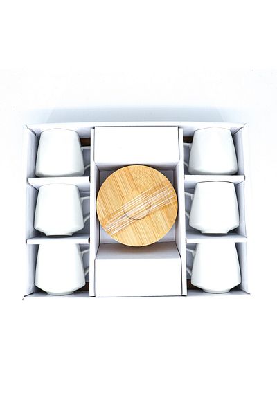 vegahediye v vega Set of 6 White Prism Model Porcelain Turkish Coffee Cup Set with Bamboo Base 12 Pieces