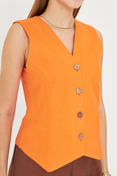 armonika Women's Orange V-Neck Body Fitting Linen Look Lined Vest Arm-24Y001111