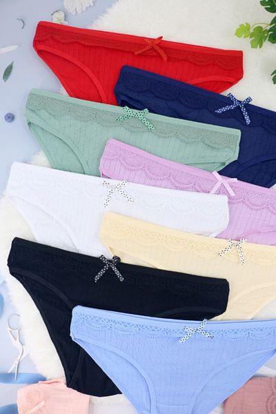 OEM Set of 3 classic cotton panties for women with decorative bow, random colors, ADU-X2027