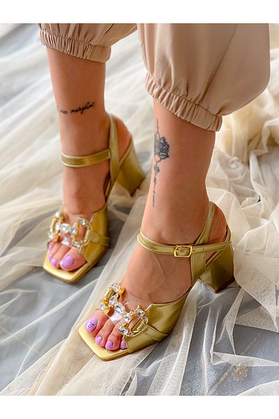 BERFONA Arya Gold Patent Leather Stoned 7 cm Heel Sandals