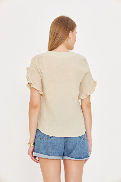 armonika Women Beige V Neck Ruffled Short Sleeve Blouse Arm-25Y001070