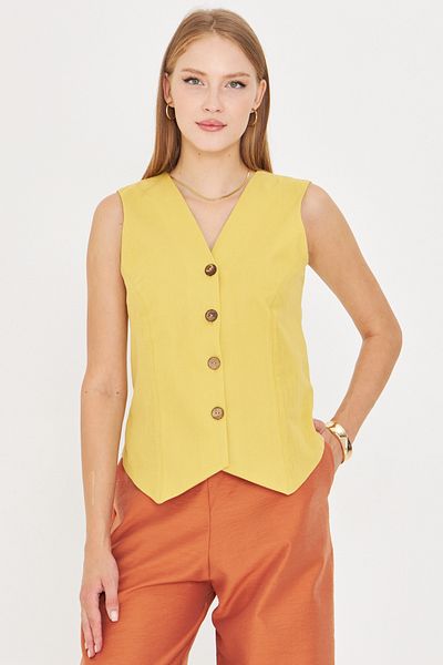 armonika Women's Oil Green V-Neck Body-Fitting Linen Look Lined Vest Arm-24Y001111