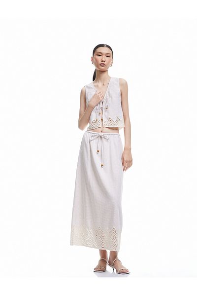 Koton Linen Blend Tie Waist A-Line Crochet Detail Long Skirt