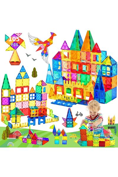 Saharaz 105 Pieces Kid Magnetic Tiles,Constructing and Creative Learning Educational STEAM Set-Multicolor