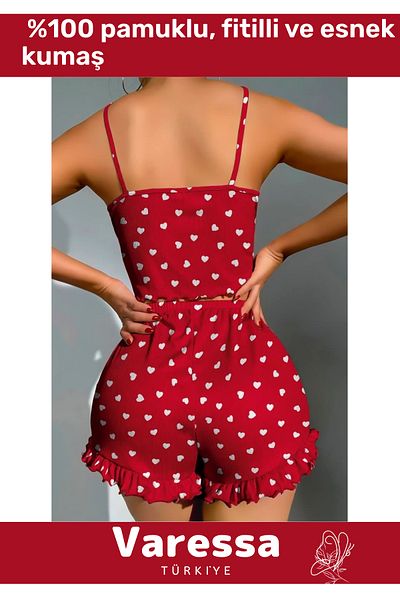 VARESSA Special Series Design Model 100% Cotton Elegant Patterned Stylish Special Daily Trend Suspender Shorts Pajama Set