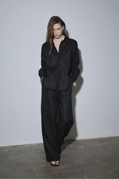 Suud Collection Black 100% Linen Nora Pleated Trousers