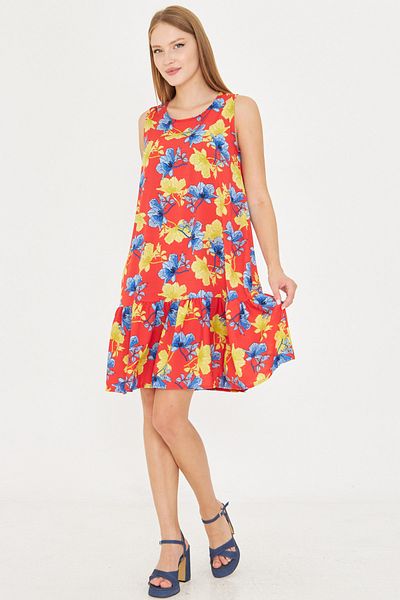 armonika Women's Red-Floral Print Sleeveless Skirt Ruffle Dress Arm-22K001142
