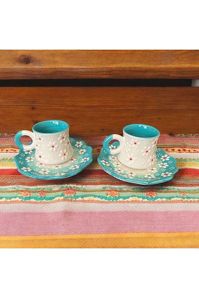 WPAWZ Handmade Embossed Flower Patterned Cup Set for 2 People
