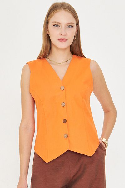 armonika Women's Orange V-Neck Body Fitting Linen Look Lined Vest Arm-24Y001111