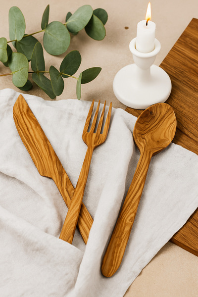 FIRSAT YOLU El Yapımı Zeytin Ağacı Ahşap Kaşık -Bıçak-Çatal Doğal, Sağlıklı v...