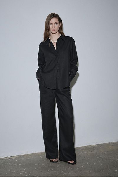 Suud Collection Black 100% Linen Nora Pleated Trousers