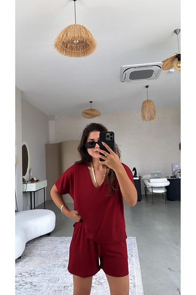 Buket Teke Burgundy Shorts Blouse Modal Set