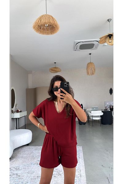 Buket Teke Burgundy Shorts Blouse Modal Set