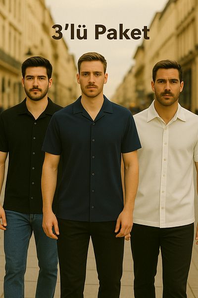 DAMGA JEANS Ανδρικό 3 Pack καλοκαιρινό κοντομάνικο εύκαμπτο πουκάμισο