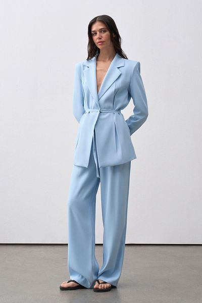 mathilda store Women's Blue Noir Double Breasted Collar Rope Belt Jacket Palazzo Pants Suit