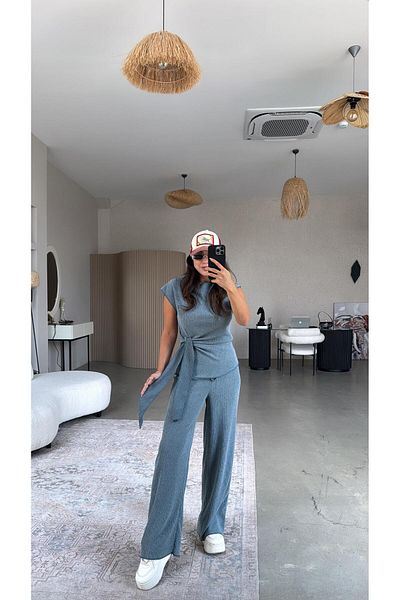 Buket Teke Blue Tie-Up Wrap Suit