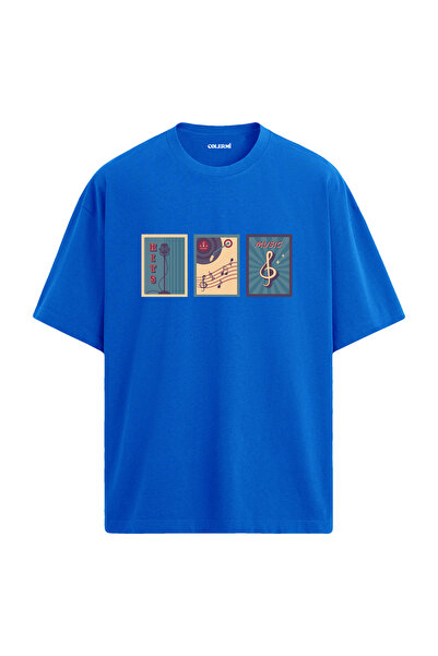 Colermi Blue Oversize 100% Cotton T-Shirt - Unisex Cotton Tee with Retro Musi...