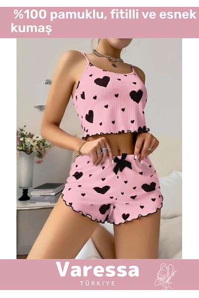VARESSA Special Series Design Model 100% Cotton Elegant Patterned Stylish Special Daily Trend Suspender Shorts Pajama Set
